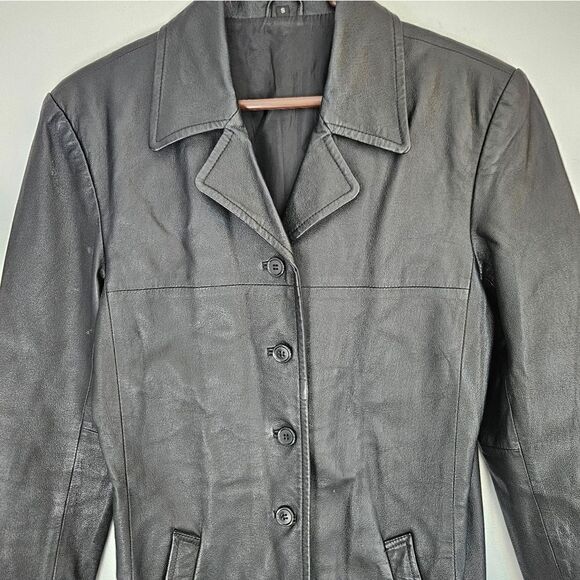 Vintage Black Leather Long Line Midi Length Button Front Duster Jacket Coat S - Picture 11 of 13